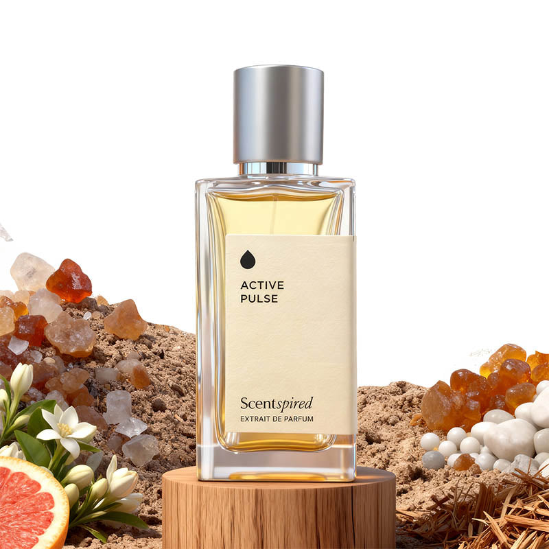 Perfume bottle labeled 'Active Pulse' by Scentspired with natural elements in the background