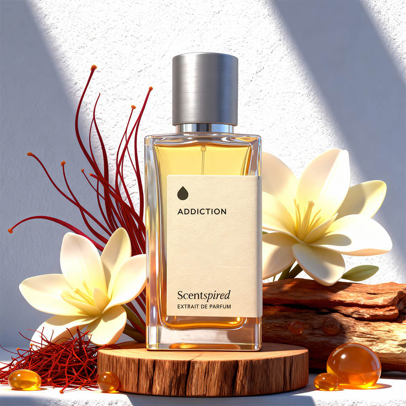A rectangular glass perfume bottle with a silver cap stands on a round wooden pedestal. The bottle contains amber-yellow liquid and has a cream label reading 'ADDICTION' and 'Scentspired Extrait de Parfum.