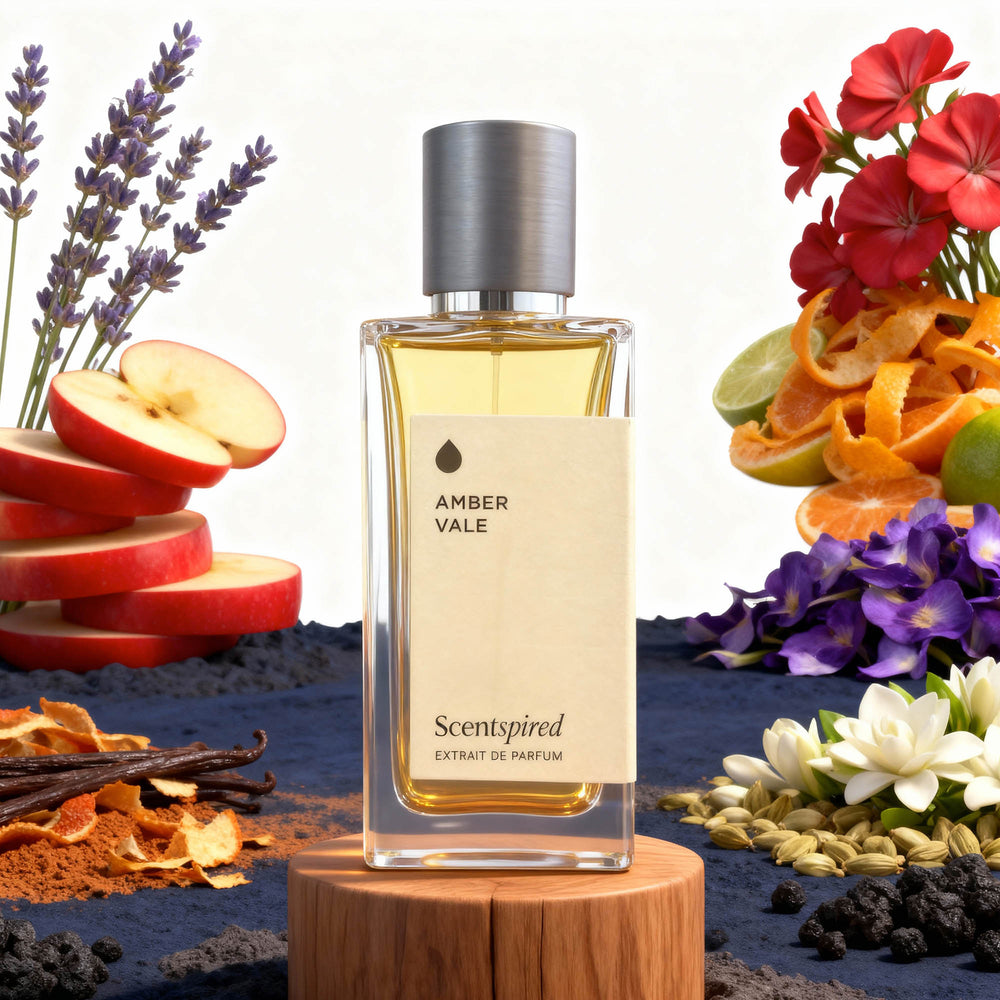 Perfume bottle labeled 'Amber Vale' surrounded by fruits, flowers, and spices on a white background