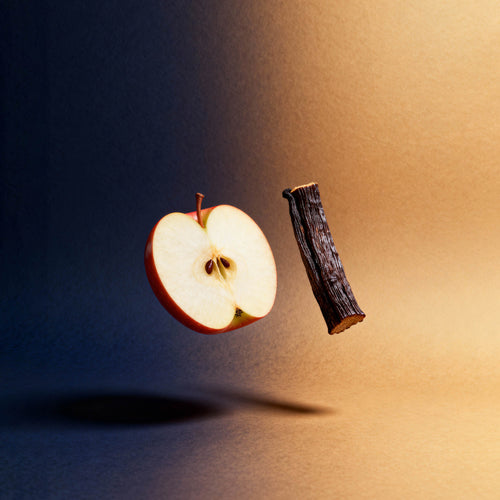 Half-cut apple and a stick on a gradient background