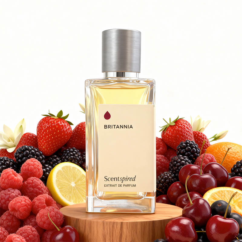 Britannia Scentspired perfume bottle surrounded by fruits on a white background