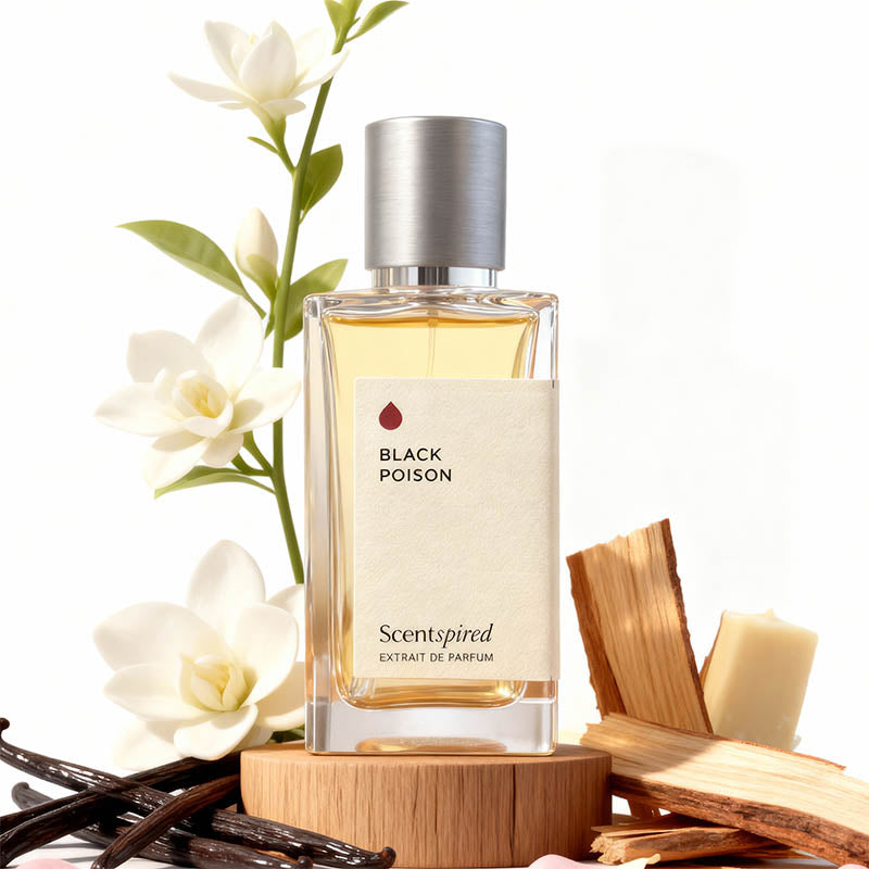 A bottle of Scentspired Black Poison Extrait de Parfum is displayed on a wooden block, surrounded by white flowers, vanilla beans, and wood chips against a clean white background.