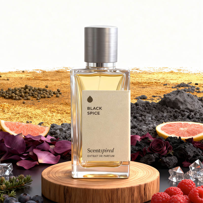 A bottle of Scentspired Black Spice extrait de parfum stands on a round wooden pedestal. The clear glass bottle contains a pale golden liquid and has a silver metallic cap and a cream-colored label.