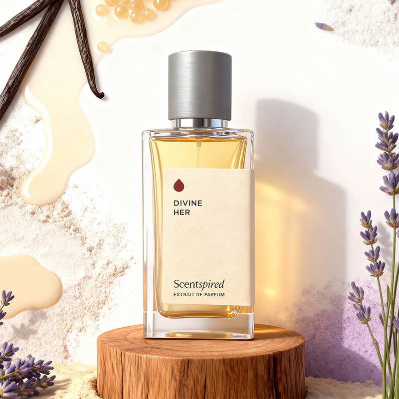 A bottle of Scentspired Divine Her Extrait de Parfum stands on a wooden pedestal. The clear glass bottle contains a golden-amber liquid and features a cream-colored label with a small red teardrop logo.
