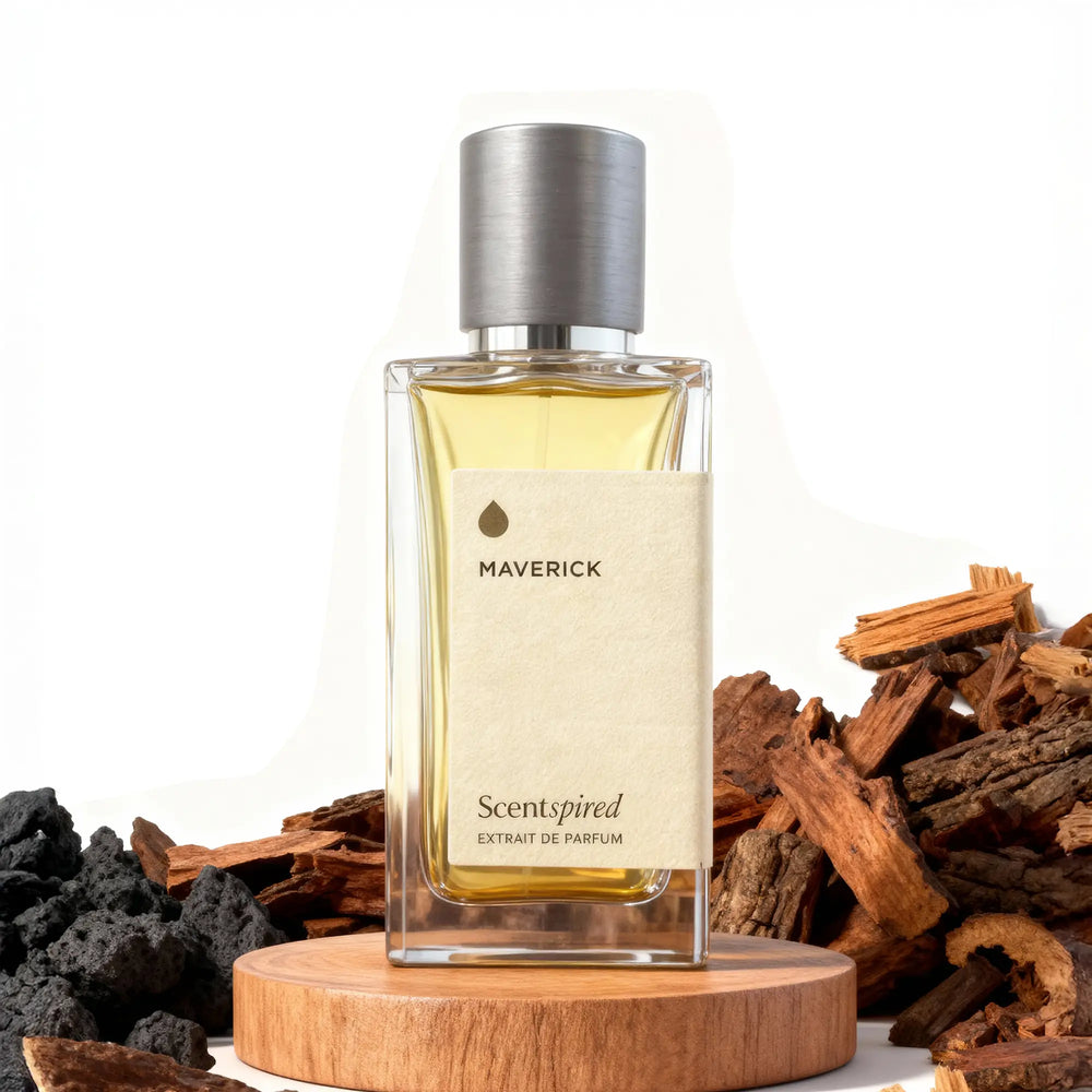 A rectangular glass perfume bottle with a brushed silver cap stands on a round wooden pedestal. The bottle contains pale golden liquid and has a cream label reading 'MAVERICK' and 'Scentspired Extrait de Parfum.