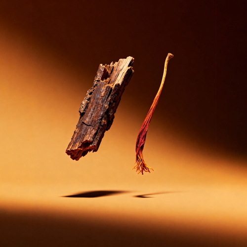A dried brown bark piece and a long red-orange thread or fiber floating against a warm amber-brown studio background with soft shadows below.