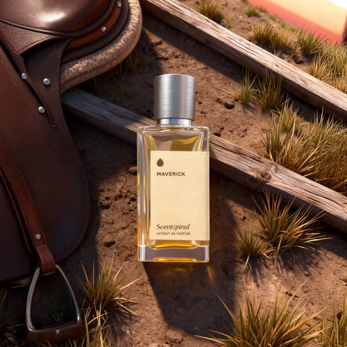 Maverick Scentspired extract de parfum bottle on a rustic background with leather saddle and wooden planks.